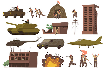 War icon set destroyed explosions flat illustration military tanks vector war