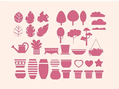 Icons Design - Floral Sunset Collection branding bushes clouds design flat illustration flowers heart icon set icons icons pack illustration illustration art nature pots star trees vector artwork