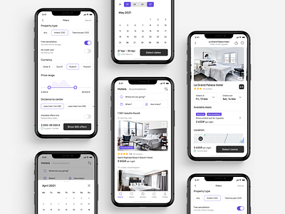 Booking app booking calendar category chooser clean date filters hotel ios location menubar mockup price price range rating search swipe switcher travel whitespace