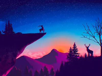 The sky is aglow with the setting sun deer digitalart illustration mountains procreate sky trees