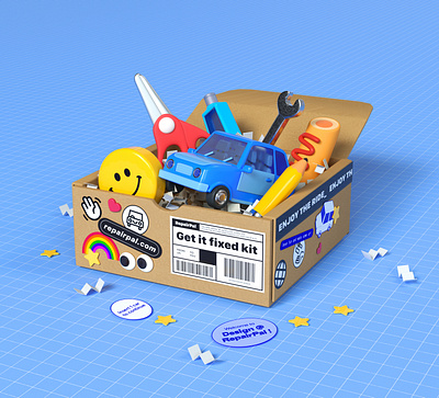 Employee care package 3d illustration 3d rendering automotive repair care kit cars character design cinema 4d employee experience employee swag environment get it fixed illustration items office supplies scissors stickers toy vehicle website