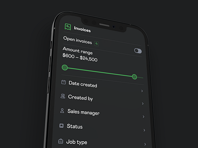 Invoice filters screen app clean dark dark ui filter filtering filters interface ios iphone menu mobile mockup phone ui ux