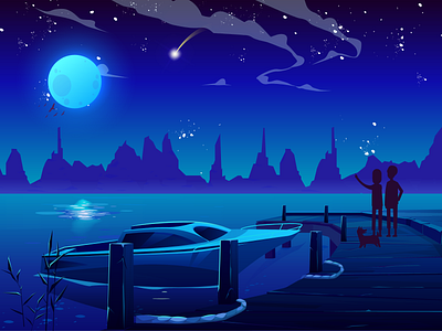 Seashore Night Light Landscape illustration moon mountain nature nature art nature illustration nightlight scenery sky skylight uipixi