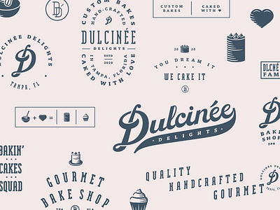 Dulcinee Delights Branding badge design badge logo bakery brand design brand identity branding cake cupcake custom lettering icon design illustration lettering monogram retro script script logo type lockup typography vintage