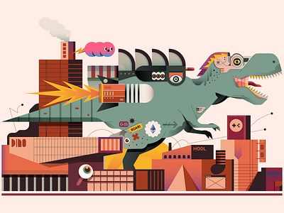 DINO ATTACK animal building city color digital dinosaur eye graphic design illustration machine monochrome nft rocket t rex vector