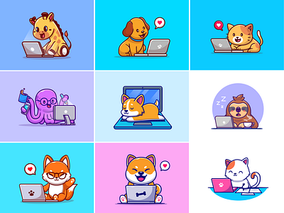 Animals technology🦒🐕💻 animal activities animals cat cute dog girraffe icon illustration job laptop logo octopus pc sleep while working sleepy animal technology type of worker wolf working workspace