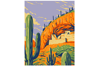 Tonto National Monument WPA Poster Art cactus cliff dwelling columnar cactus desert flora mountain range mountainous section national forests national monument national park saguaro cactus wpa