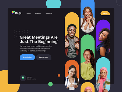 Regs App afterglow app branding clean color community design landing meetings minimal people shapes social ui ux video video call video meet website