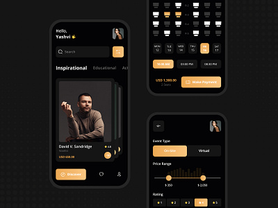 eSpeakers | Speakers Booking App app black book booking clean dark dark ui design events mobile reservation seats speakers ticket app ticket booking tickets ui ux