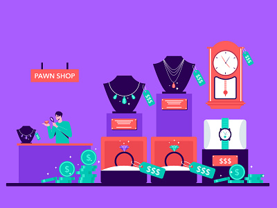 Pawn Shop 2d character design dribbble flat design illustration inspirations man minimal pawnshop shot vector