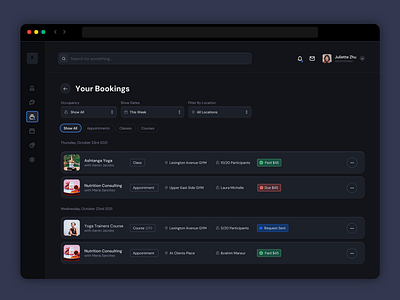 Dark mode dashboard - Bookings table app dark ui dashboard design filters skeumorphism skeuomorph table ui ux web