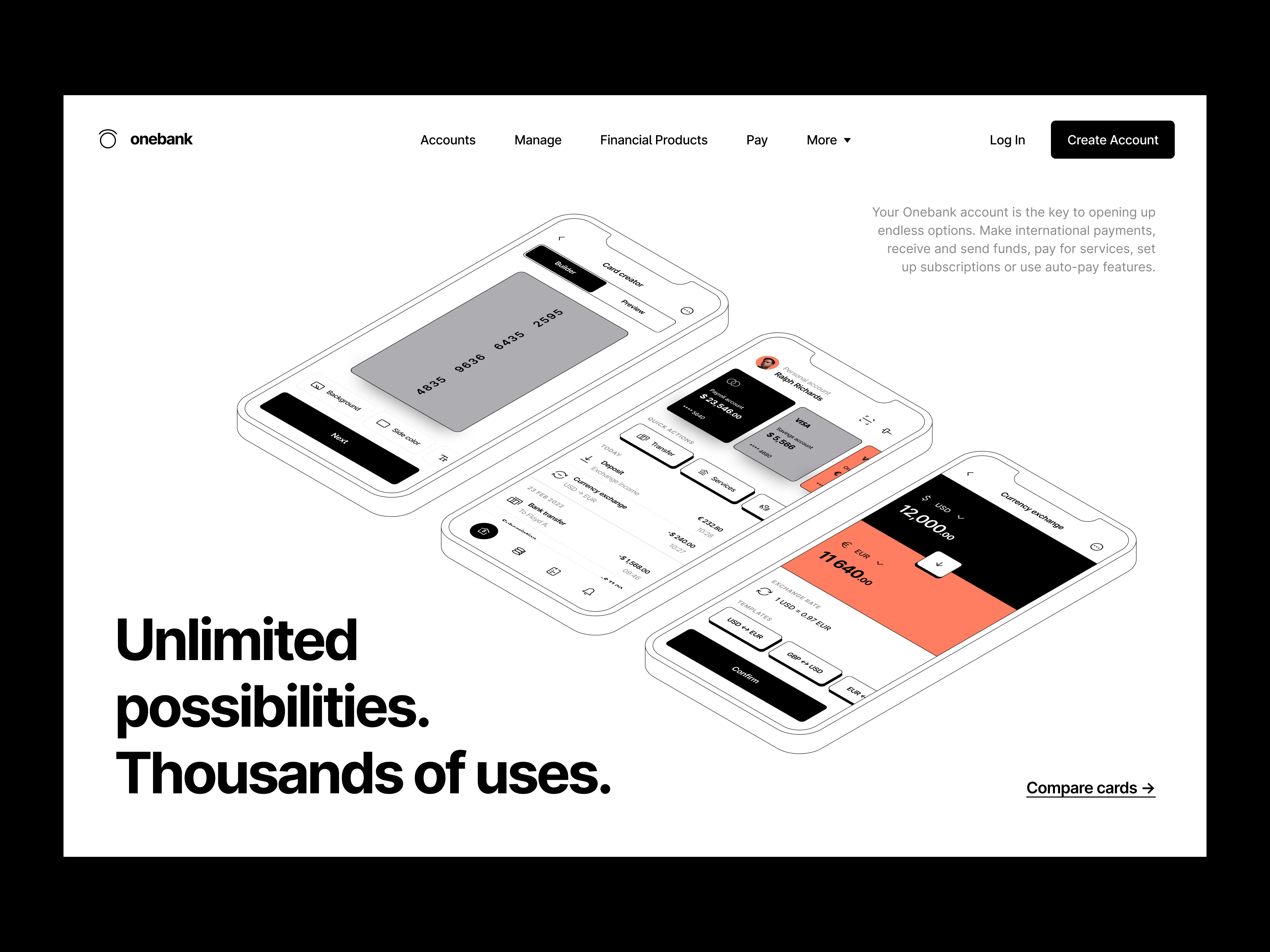 onebank: mobile application, identity, website, fintech, landing application bank account bank card banking branding credit card deposit finance fintech hero section identity ios landing page mobile app mobile bank neobank savings transfer web design webpage