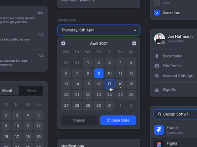 Dark UI Elements, Dropdowns & Calendar app button calendar checkbox dark mode dark ui date picker design dropdown dropdowns elements input menu notifications product design search tabs ui user interface