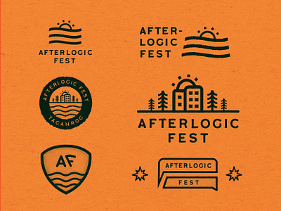 “Afterlogic” fest badge branding chalks coast coastal fest festival logo forest hotels identity illustration logo logotype park pine tree pines sea sun sunset waves