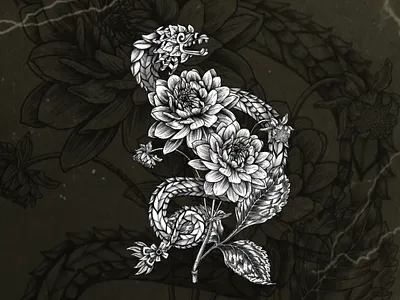 Quetzalcoatl floral tattoo design aztecs culture dahlia dark design feathered serpent floral flowers hand drawn illustration ink mexican mexico nature procreate quetzalcoatl tattoo