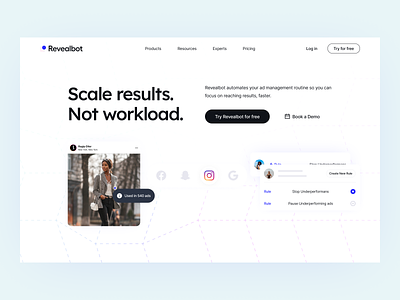 Landing Page Hero: Revealbot ads management hero design home page instagram ads management landing landing page landing ui saas social media ads management web design website