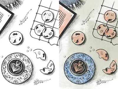 Оn the table bake berries biscuit book coffee cookies cup illustration procreate sketch table