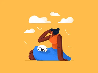 Windy spring day black woman cat character cloud cloudy cloudy day dress illustration spring spring day windy woman