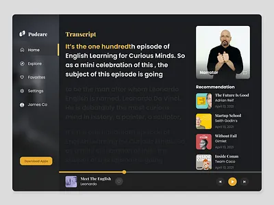 Podcare application dark design elegant figma player podcast sound ui ux