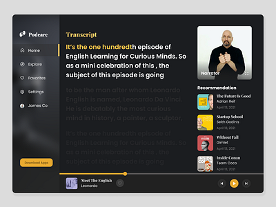 Podcare application dark design elegant figma player podcast sound ui ux