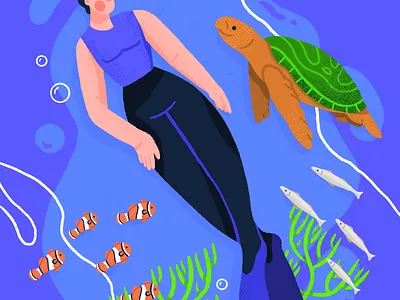 Biodiversity diving fish fishes free diving illustration ocean sea turtle