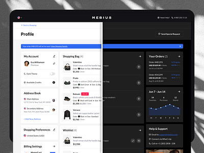 Profile Dark Mode account bags brands clothes dark dark mode dark theme dashboard fashion light theme profile shop shopping store theme ui ux web website