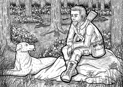 Hunter animal art dog drawing firearms forest hunt hunter illustration line lineart man pet rifle sit sitting trees weapon wood woods