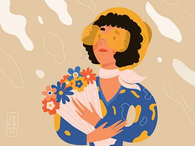 spring characterdesign curly hair fashion flower girl girl character hat illustration inspiration portrait red lips spring sunglasses vector yellow hat