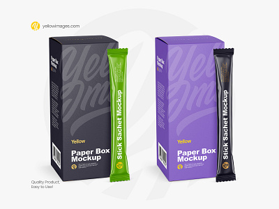 Glossy Stick Sachet w/ Paper Box Mockup box brand branding coffee coffee stick food identity mock up mock up mockup package packaging paper box psd mockup salt stick stick sachet sticker sugar yellow images