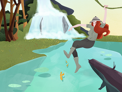 The Explorer adventure adventurer design drawing girl gradient grain illustration jungle lagoon leafs waterfall wild