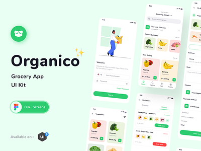 Organico Grocery App UI KIT app clean component ui design explorations figma graphic design grocery illustration mobile app mobile ui prototype typography ui ui design uikits uiux ux