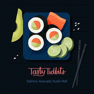 Salmon Avocado Sushi Roll illustration photohsop