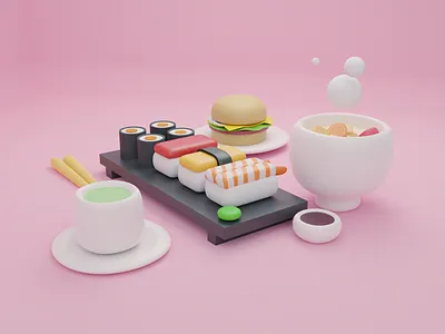 sushi and burger 3d 3d animation 3d art 3d modeling blender blender3d blender3dart design design3d japan japanese food