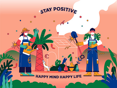 Stay Positive adobe illustrator character colorful covid19 design flat illustration gradening happy illustration new shot stayhome urban vector