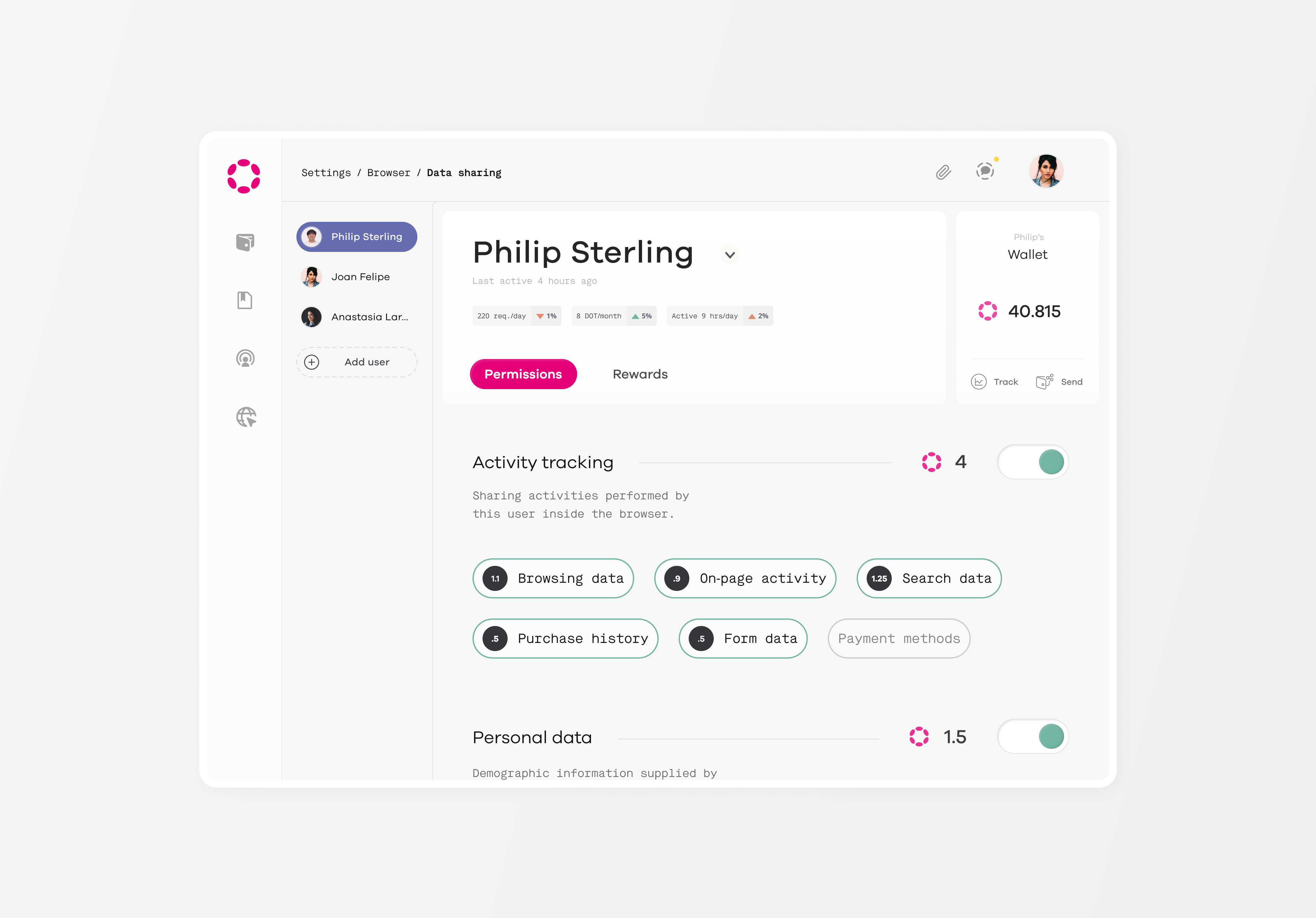 Polkadot Data Sharing Rewards app browser crypto data design polkadot product design settings sharing ui ux web3