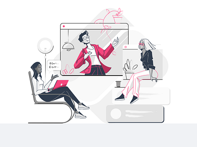 Online conferece 2d art characterdesign conference flat illustration girl character illustration limited palette lineart online marketing online meeting speaker vector webdesign