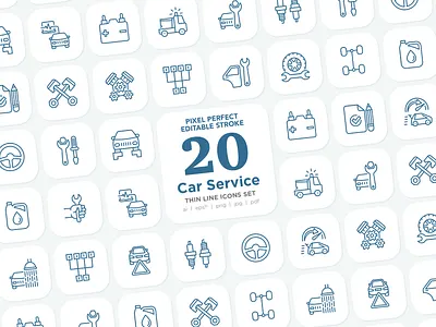 Car Service | 20 Pixel Perfect & Editable Stroke Thin Line Icons car car pit garage gear icon line logo mechanic motor oil road service set sign symbol thin vector wash wheel work