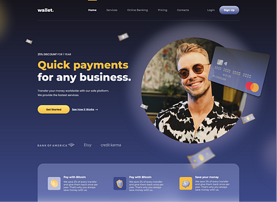 Payments Landing Page UI Design 3d animation bitcoin freelance design illustration landing page landing page concept landing page ui payments app ui design web design