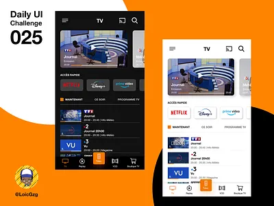 Daily UI Challenge 025 - TV app dailyui dailyui025 dailyuichallenge dark mode french helvetica neue mobile app orange redesign smart tv tv tv app ui