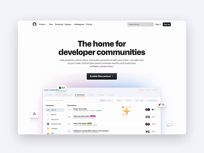 GitHub Discussions brand community developer landinf page layout software ui web web design