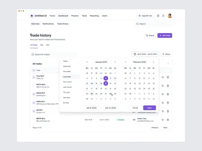 Trade history — Untitled UI brokerage calendar coinbase dashboard filter filters fintech minimal nav navigation product design table trading platfrom ui design user interface ux design web app