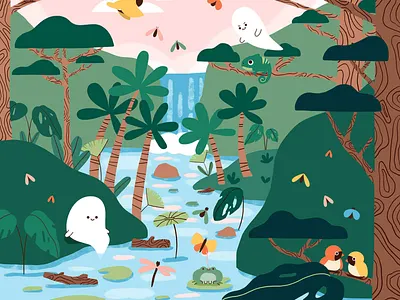 Spirits of the jungle bird frog ghost jungle landscape spirits waterfall