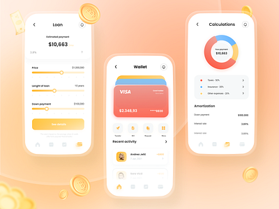 Mobile banking app - mortgage calculator app balance banking credit credit card dailyui debit elements exchange finance app fintech gradient loan mobile money app transfer ui wallet wallet app wallet ui