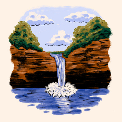 Waterfall Illustration backpacking camping camping logo cliffs clouds hiking illustration lake nature painting trees waterfall