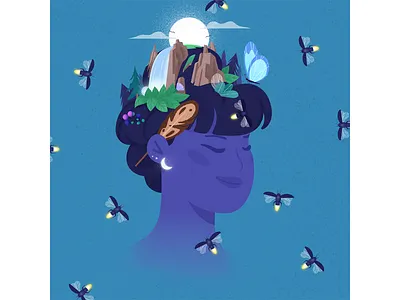 One's Mind. adobe illustrator adobe photoshop blue butterfly feather fireflies firefly girl grain grainy illustration illustrator mind moon mountains nature purple texture thoughts waterfall