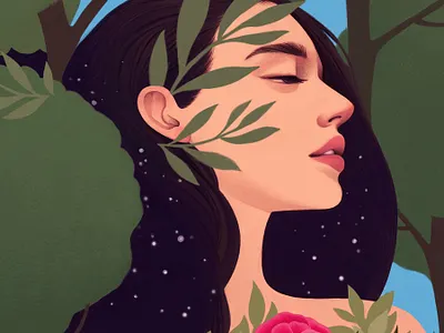 Pocahontas botanical character conceptual digital folioart illustration mercedes debellard nature portrait