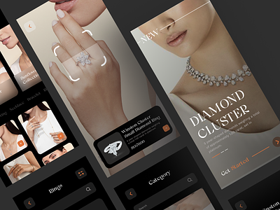 QUEENA - Jewelry Mobile App app app design dark design ecommerce fashion interface ios jewel jewelry luxury mobile mobile app mobile app design onboarding product design product page store ui ux
