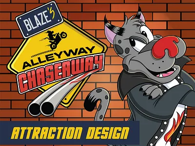 Blaze's Alleyway Chaseaway - Attraction Design aiga alleyway attraction behance brick wall character art city coaster disney gold merchandise motorcycle ride design rollercoaster spot showcase theme park theme park design theme parks universal yellow