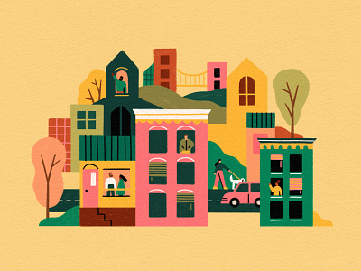 Autumn City bridge buildings car city city illustration cityscape fall houses illustration people tree trees urban yellow