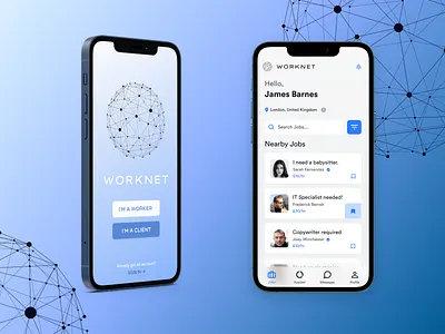 Worknet - Work oppurtunity app app blue blue and white design find job finder job minimal minimalistic mobile app mobile ui ui ux work